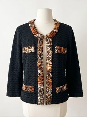 Michael Simon Black Textured Knit Jacket Animal Print Trim Y2K Mob Wives Size S